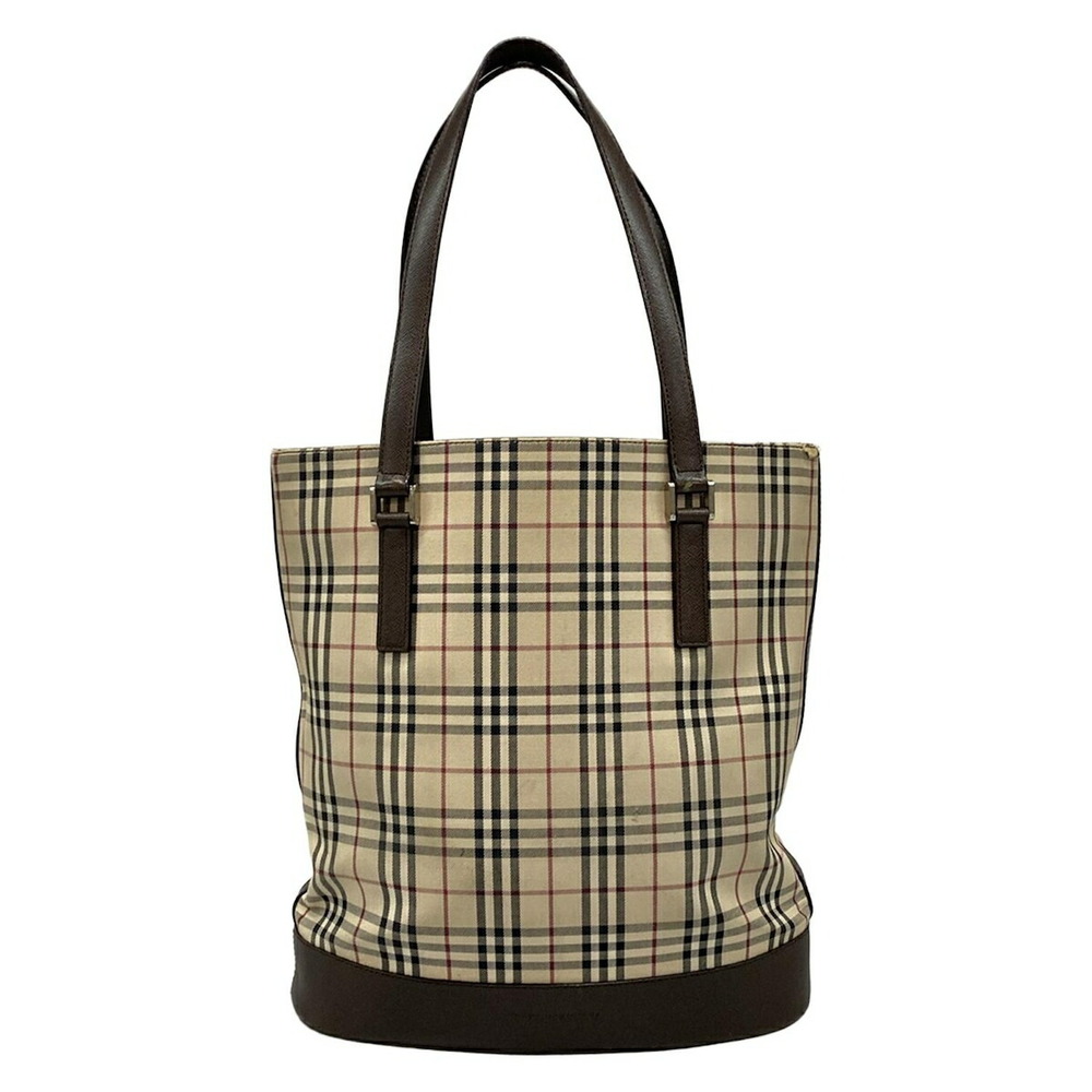 BURBERRY Tote Bag Check Beige Dark Brown Multi Leather